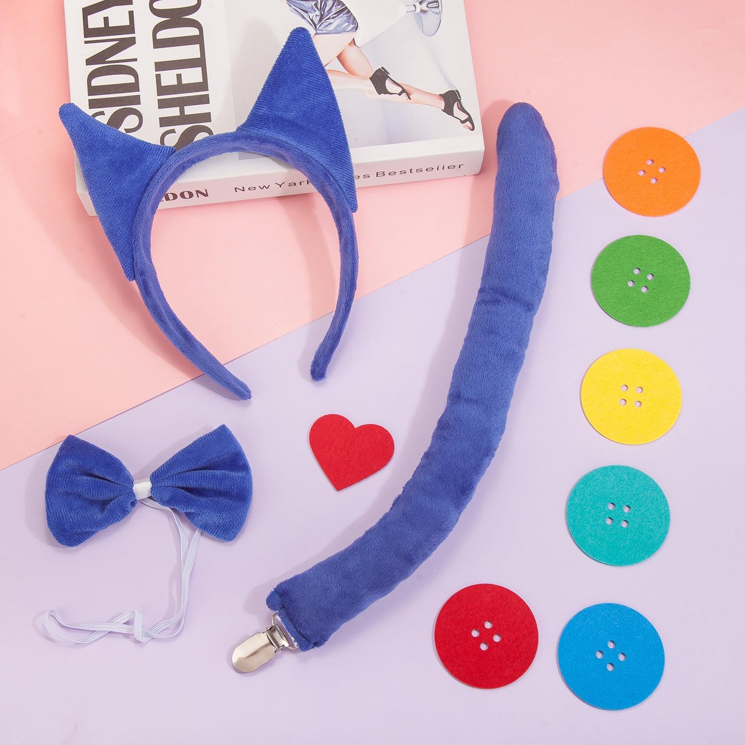 JIALWEN Blue Cat Ears Headband and Tail Bowtie with 6 Button Patches & 1 Heart Patch Felt Stickers Halloween Cat Costumes Set Cosplay Party Dress Up Accessories - Image 2