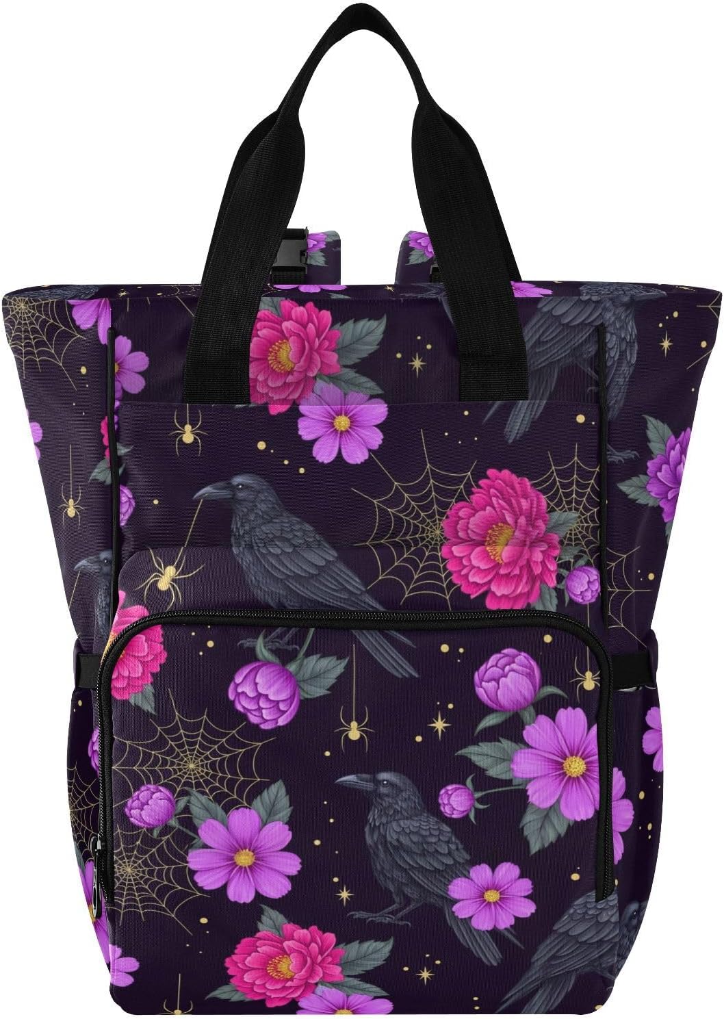 Flowers Crows Black Pattern Diaper Bag Backpack for Baby Boys Girls Multifunction Baby Essentials Travel Tote with Stroller Straps & Bottle Storage Large Travel Diaper Backpack for Dads Moms Baby