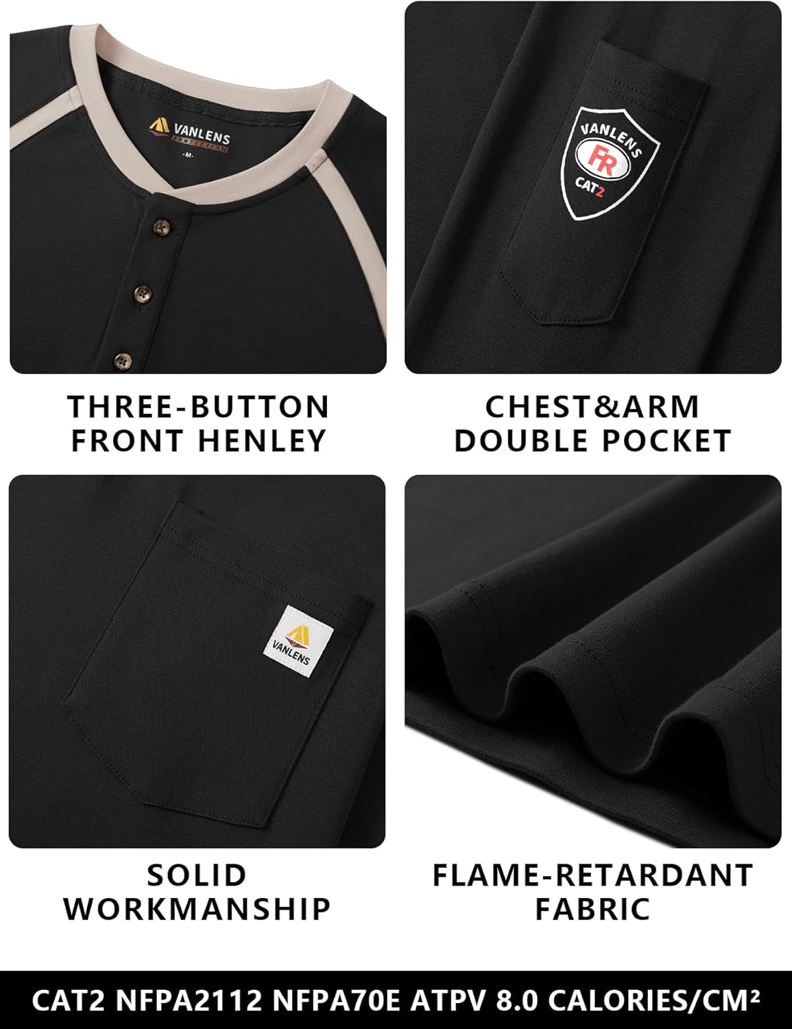 FR Shirts for Men NFPA2112 CAT2/HRC2 Flame Resistant Shirts 5.5oz Light Weight Long Sleeve Fire Retardant Shirts Black - Image 5