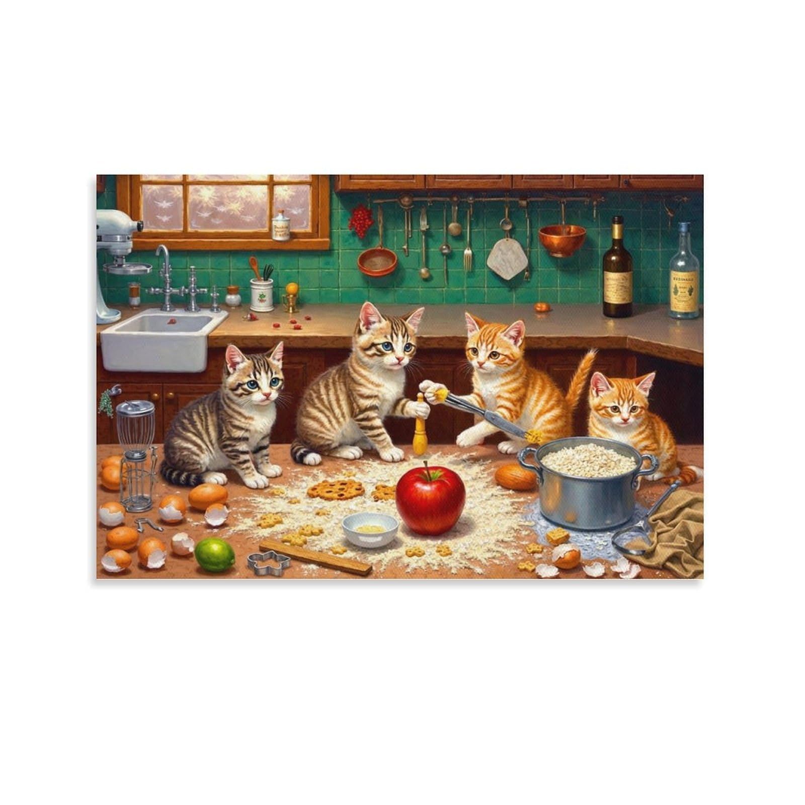 CPLVKWRQJ Cute Kittens Cooking Single Piece Four Kittens Messy Kitchen Counter Canvas Wall Hanging - Nursery Space Saving Removable Ready to Hang Decor 20x30inch(50x75cm)