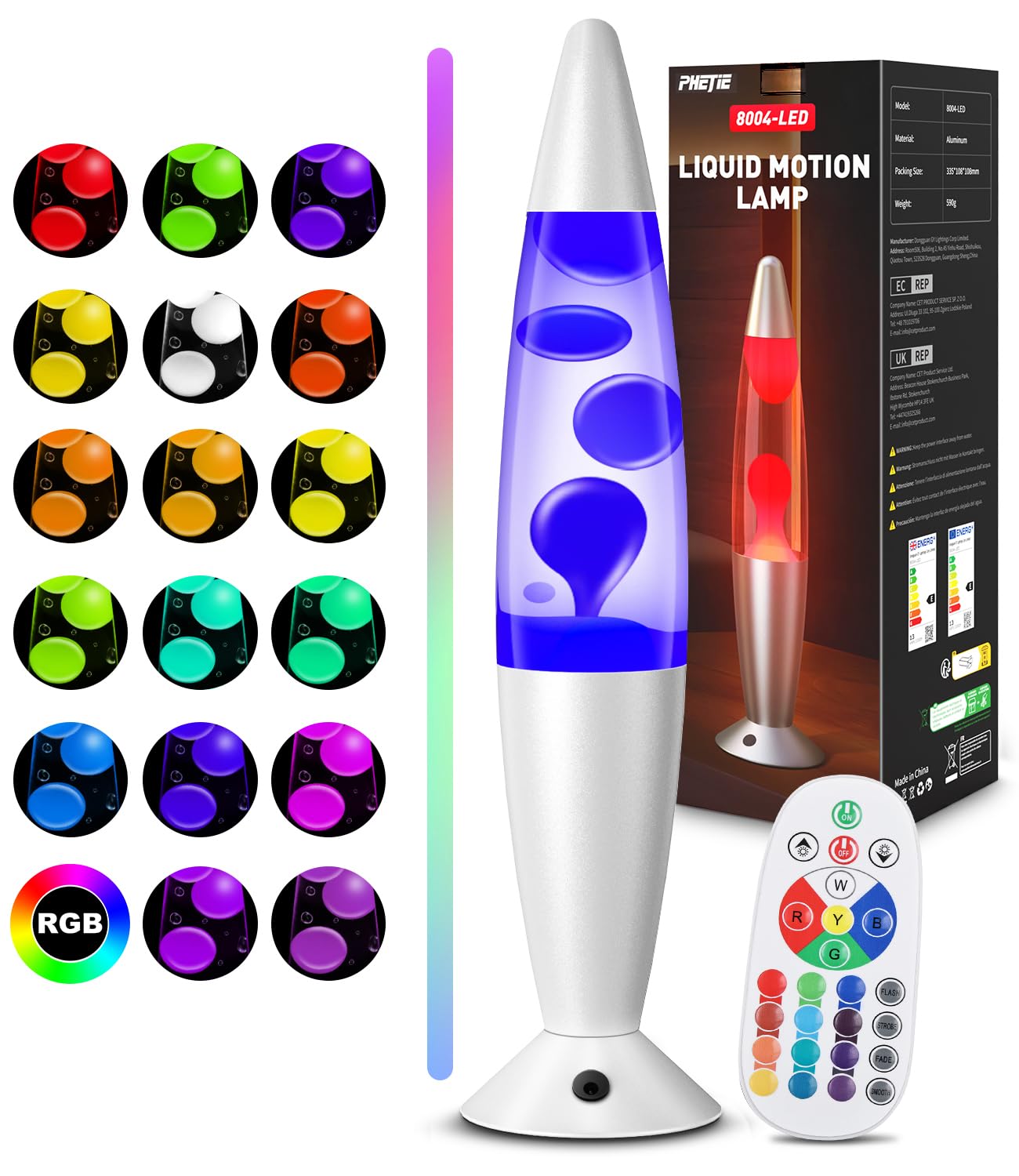 T90769-S-EU-1 Lámpara de Lava LED con Mando a Distancia, 17 Colores Cambiantes con Modo Automático, Temporizador 8H, Alcance 15m, Lámpara de Ambiente para Dormitorio, Oficina, Salón