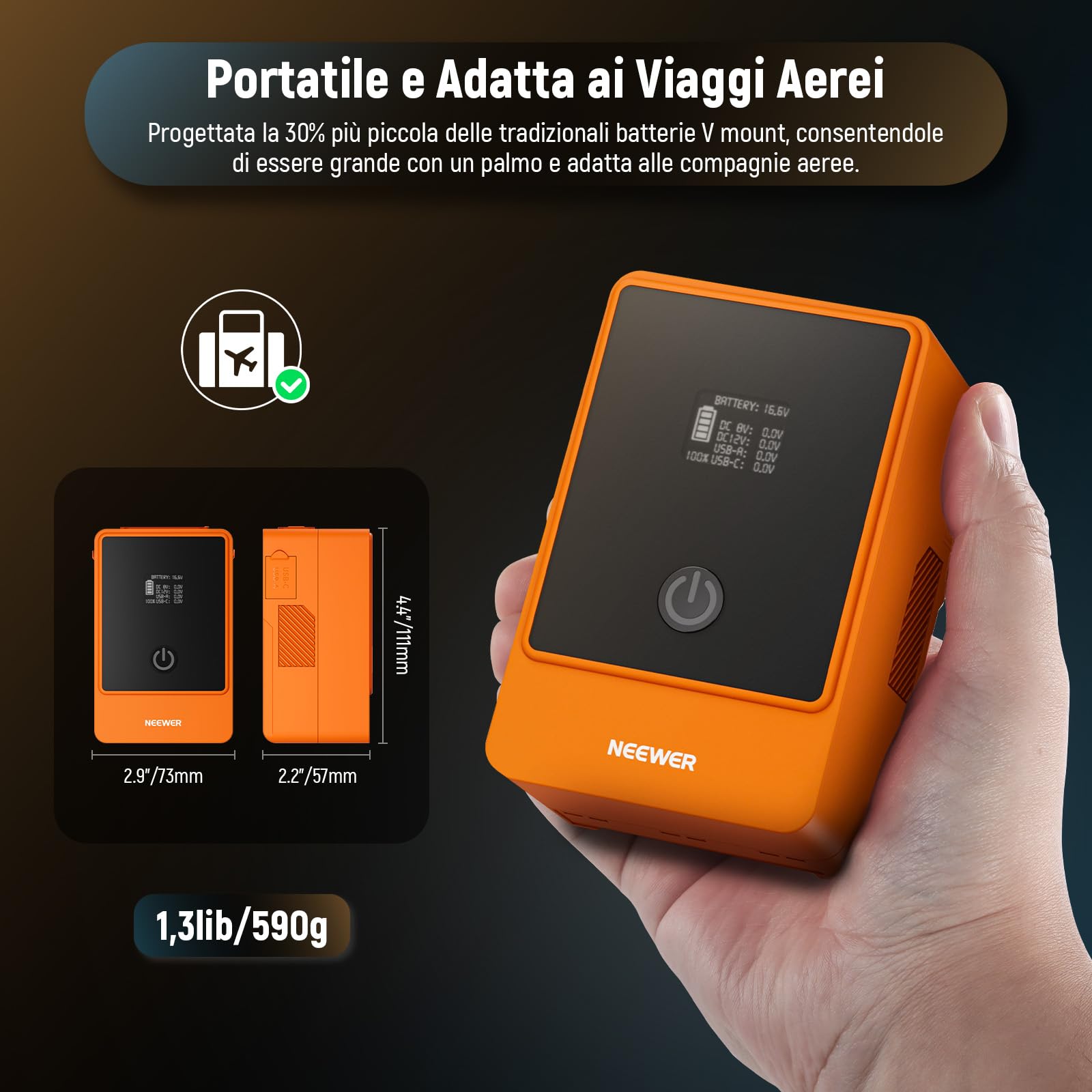 NEEWER Mini Batteria V Mount 6800mAh 99Wh 14,5V, V Lock Battery con Uscita PD 65W Tipo C/D Tap/BP/USB A/Due Porte DC/Schermo OLED per Videocamera Compatibile con SmallRig BMPCC 4k 6k, PS099E Arancione