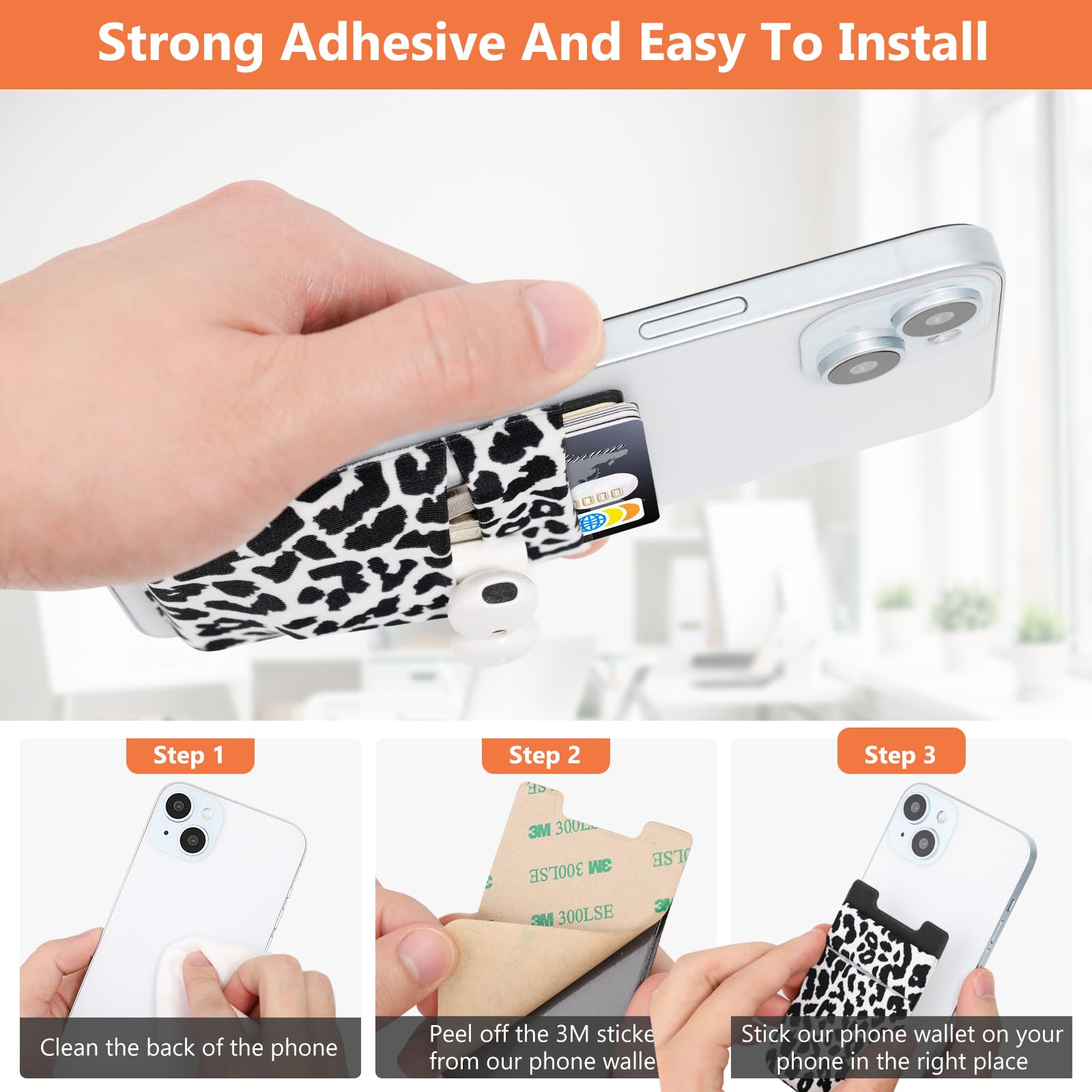 Paquete de 3 bolsillos adhesivos para teléfono celular, soporte para tarjetas de crédito para la parte posterior del teléfono, cartera para tarjetas adhesiva [doble seguridad] con adhesivo 3M para