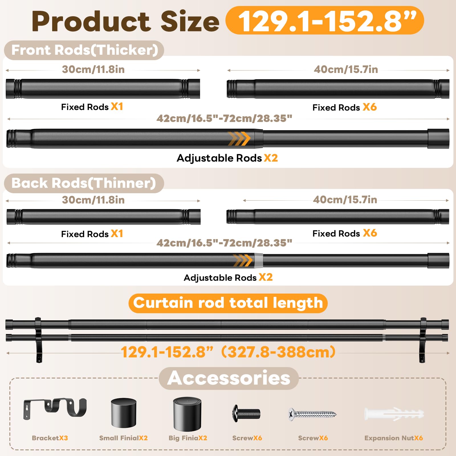 Abiglifty Bastone per tenda doppio da 106 a 381 cm, 25 mm, estensibile per tende a doppia finestra, nero con terminali classici, staffe, per tende con occhielli, aste per tende da parete