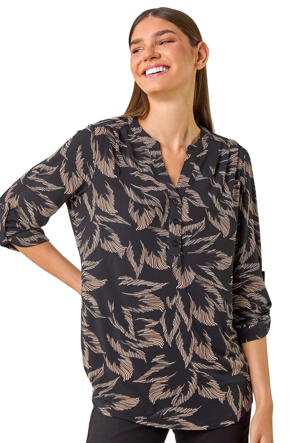 Roman Women's Beige Textured Abstract Print V-Neck Stretch Shirt Size 20