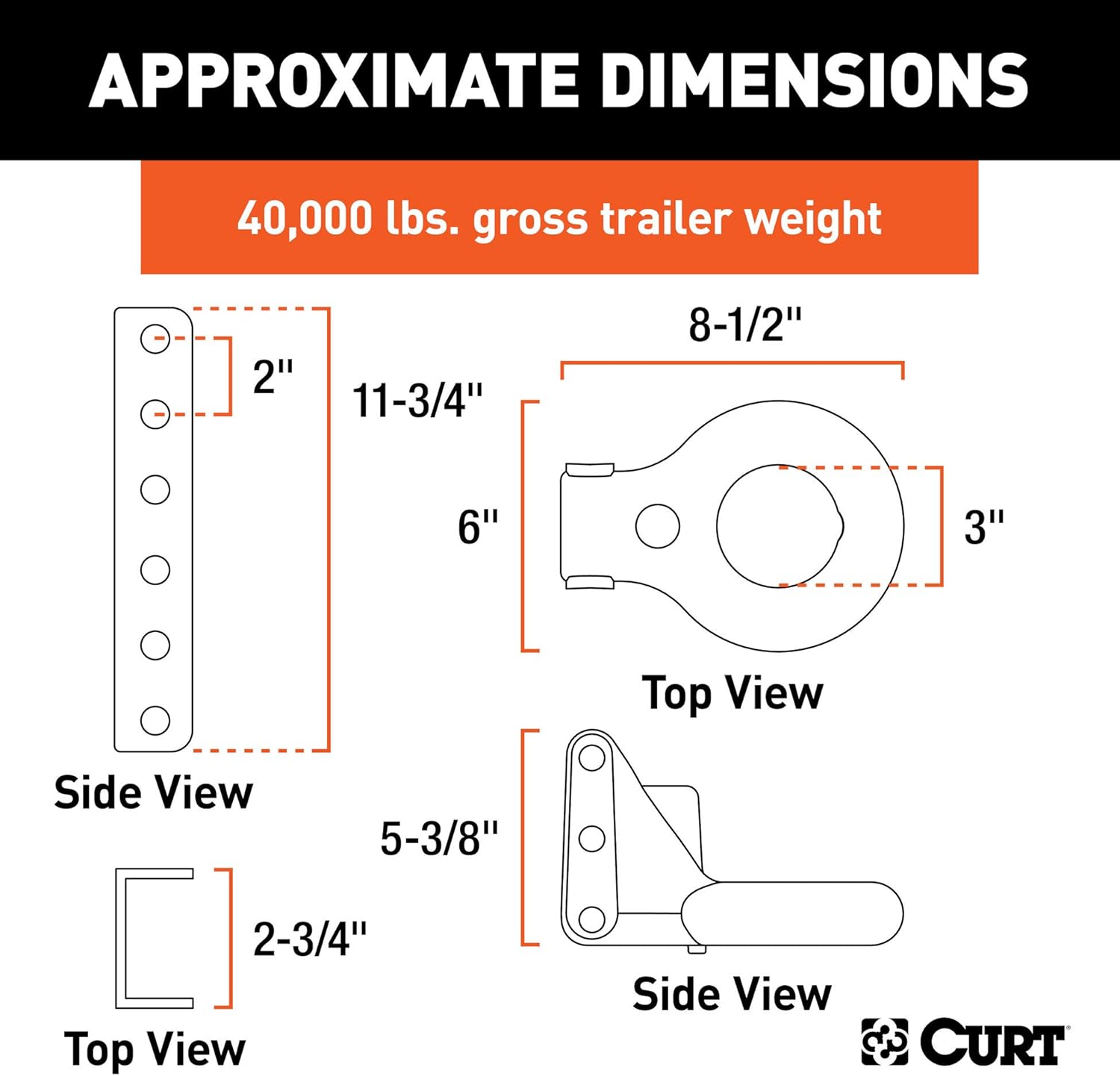 CURT 48641 SecureLatch Adjustable Lunette Ring with 11-3/4-Inch Channel 40,000 Pounds, 3-Inch ID, Battleship Grey Finish