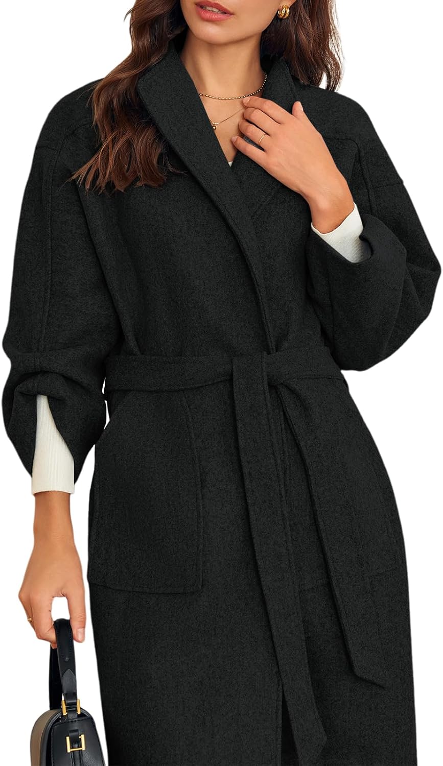 Chic Black Wool Blend Coat with Tie Belt