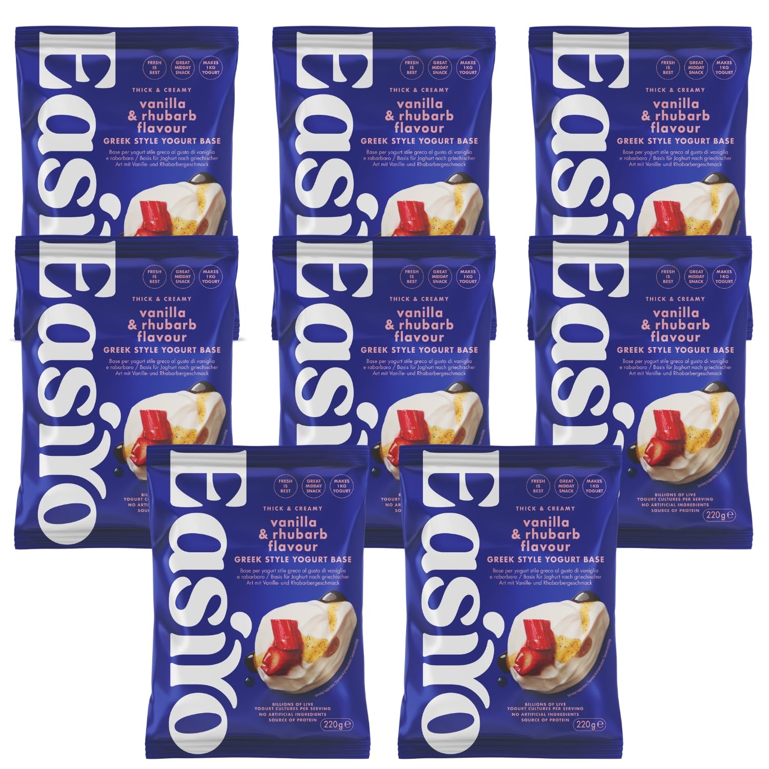 EasiYo Griechischer Art Vanille & Rhabarber 8er-Pack | Jeder Beutel ergibt 1kg | Dickflüssig & Samtig | Hausgemachter Joghurt | Glutenfrei & Vegetarisch