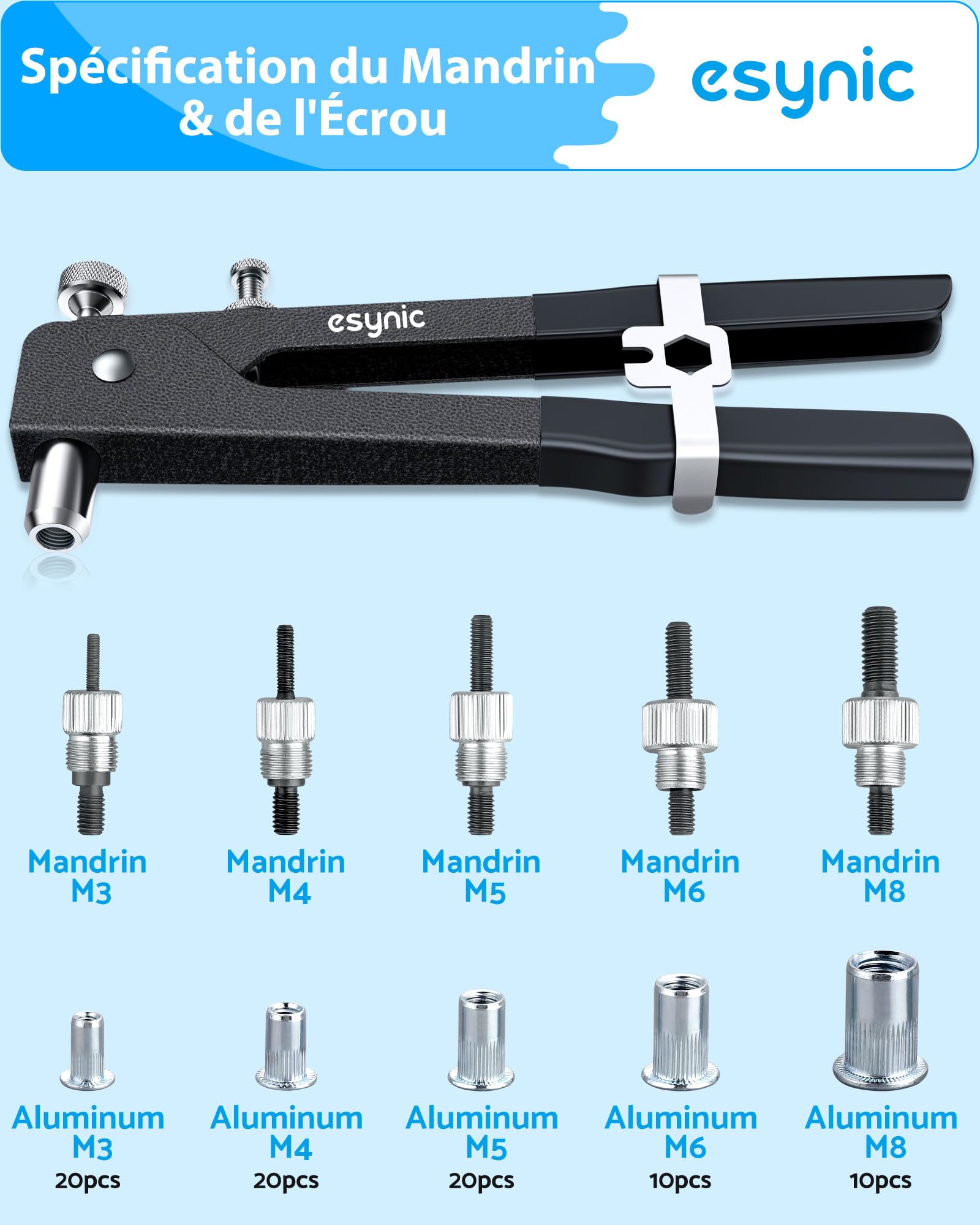 eSynic 86PCS Pince Écrou à Riveter Noir Acier de Haute Qualité Pistolet à Écrou avec 5 Mandrins M3 M4 M5 M6 M8 Kit de Pince à Riveter avec Boîte de Rangement