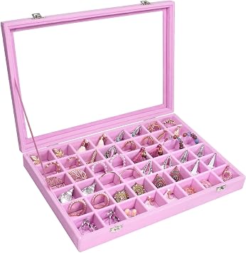 Siveit Velvet Jewelry Tray 48 Grid Jewelry Display Tray Organizer Box with Transparent Lid Rings Earrings Necklaces Pendants Display Box Suitable for Women and Girls Pink