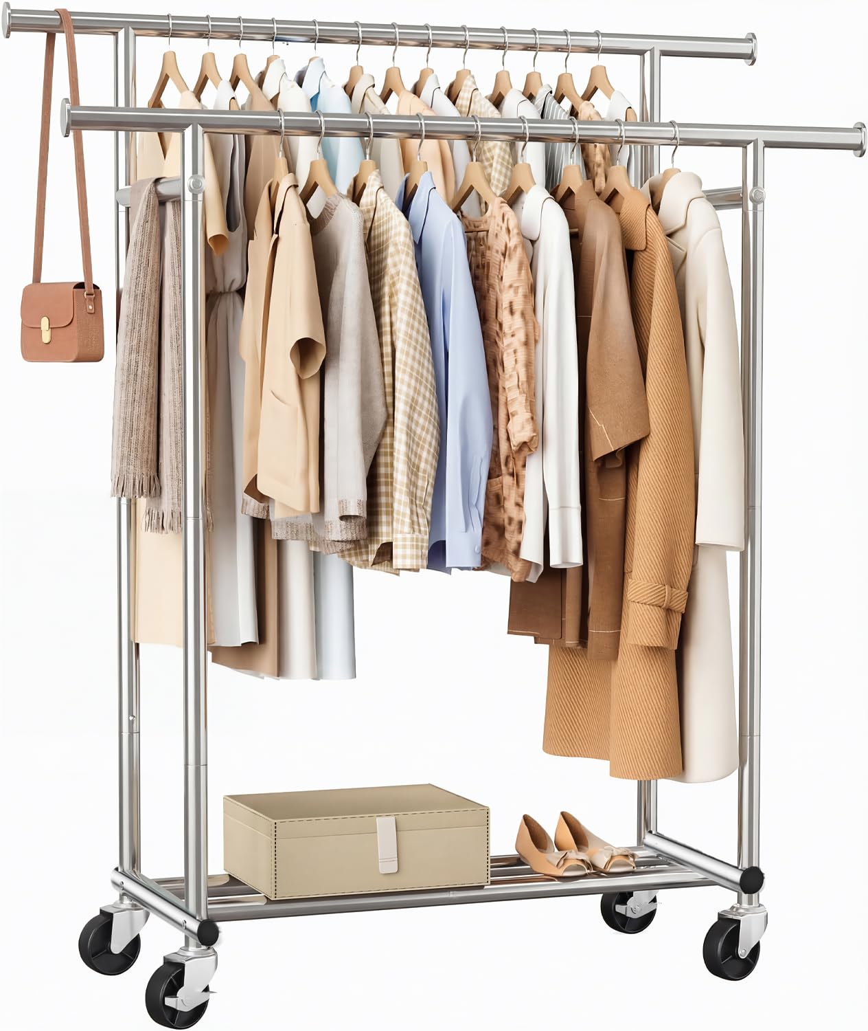 Double Rods Clothing Rack for Hanging Clothes 100 Stainless Steel Clothes Rack Portable Sturdy Clothes Rack with Wheels