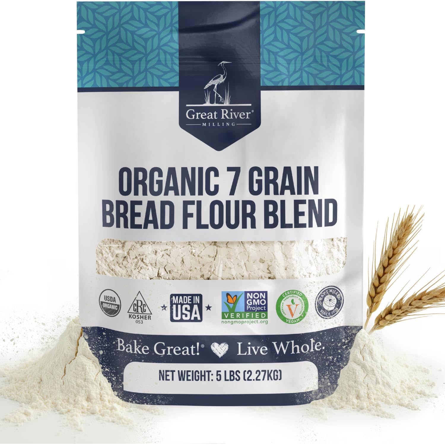 Great River Milling Organic 7 Grain Blend Bread Flour | Unbleached & Unbromated | Non-GMO, Kosher Certified | Hearty Multi-Grain Flour for Breads, Muffins & Everyday Baking | 5 Lb