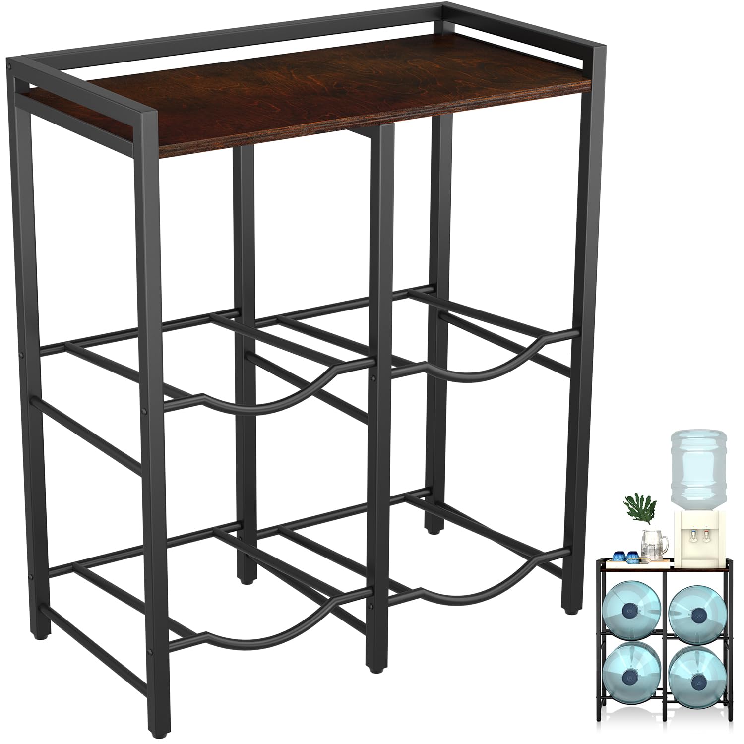 5 Gallon Water Jug Holder for 4 Bottles with Rustic Brown Wood Top Shelf, 5 Gallon Water Jug Stand, 5 Gallon Water Bottle Holder, Heavy Duty Water Dispenser Stand for Home Kitchen/Office/LivingRoom