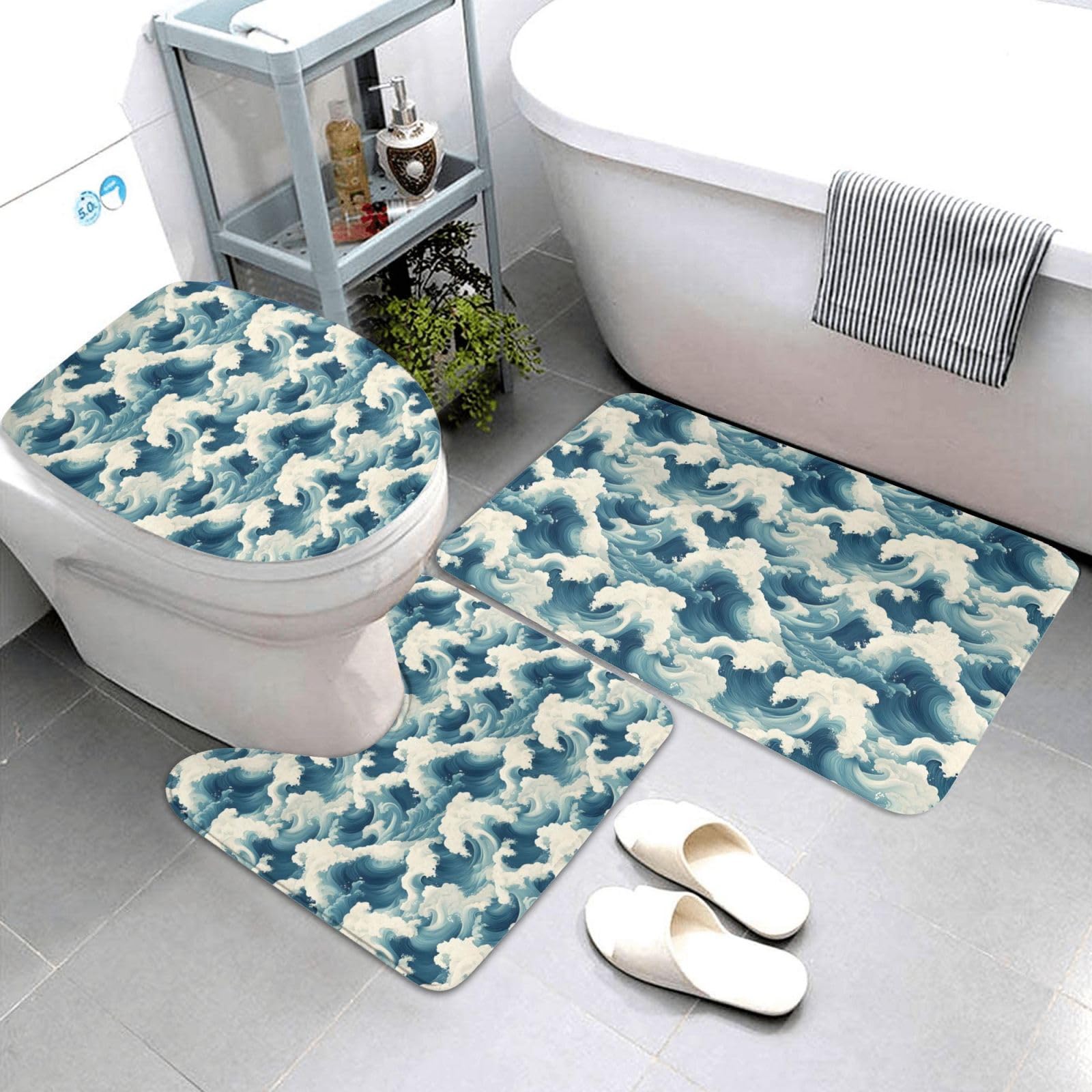 Tapis de salle de bain lot de 3 imprimé vagues bleues avec contour WC U