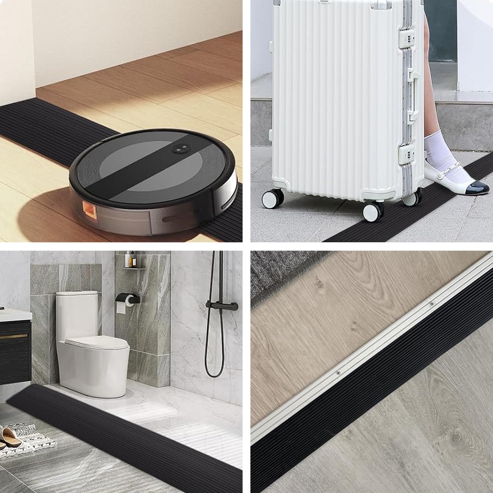Soglia di Dislivello Pavimento, Rampa per Soglie in Gomma, Rampa per Robot Aspirapolvere, Portata 800 kg, Rampe Autoadesiva per Sedia a Rotelle, Passeggini, Scooter (Nero, 200x8x1,5cm)