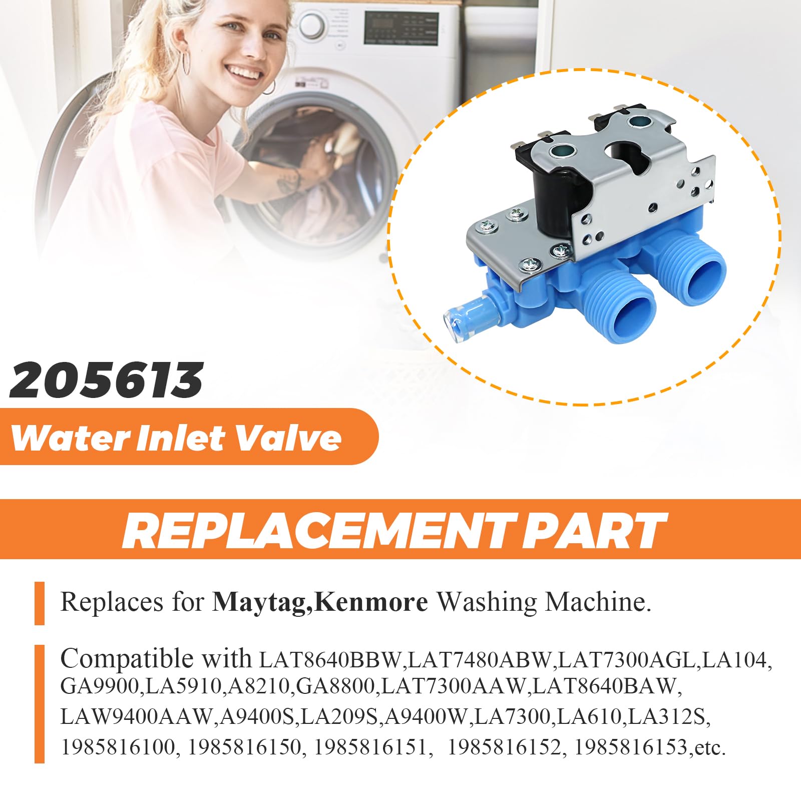 Beaquicy 205613 WP358276 - Válvula de entrada de agua universal para lavadora - Reemplazo para Whirlpool Wahers - Salida universal de 3/8" con adaptador de goma para convertir la salida a 1/2"