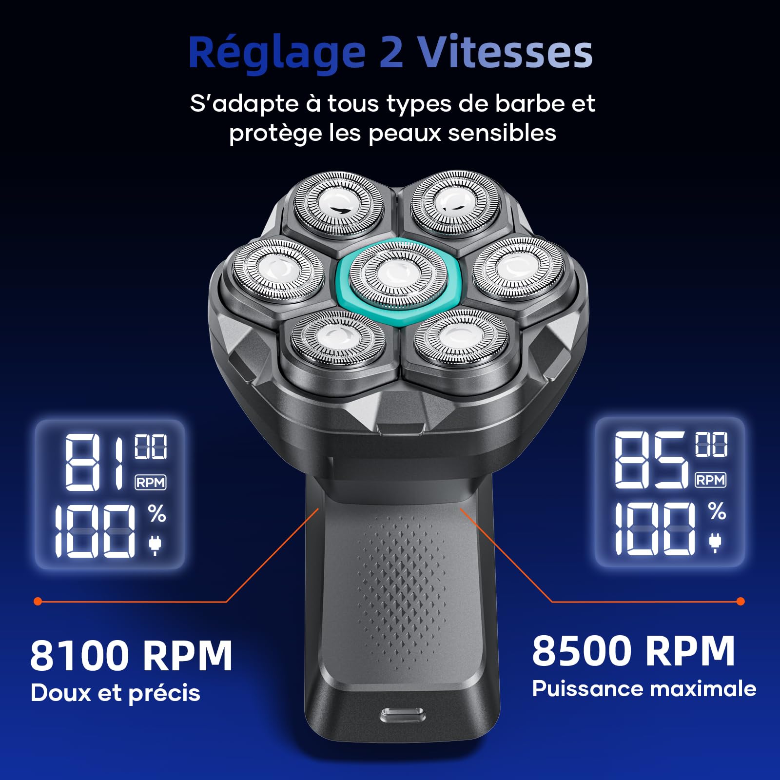 Kensen Rasoir Tete Chauve Homme 7D Rasoir Electriques Hommes 100 Mins d'Autonomie Tondeuse Crane Chauve IPX6 Étanche Sec & Humide Rasoir Crane Homme Chauve avec Écran LED，USB-C，8100 & 8500 tr/min