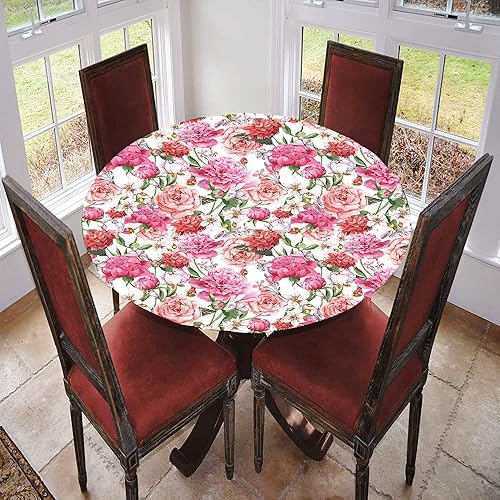 Miniatura 2 de Mantel redondo ajustable con flores de acuarela, estampado floral con peonías rosas, borde elástico, adecuado para bodas, banquetes, restaurantes y