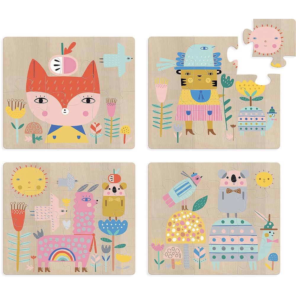 Vilac - 4 Animal Puzzles by Suzy Ultman, Wooden Puzzle, Wooden Children's Toys, Montessori Style Toys, Educational Children's Games