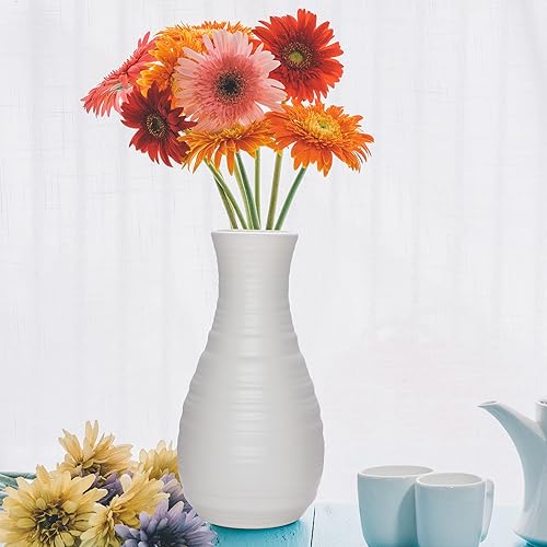 Miniatura 5 de Paquete de 2 jarrón de plástico compuesto, diseño de cerámica irrompible para centros de mesa de decoración del hogar, organizar ramos (blanco)