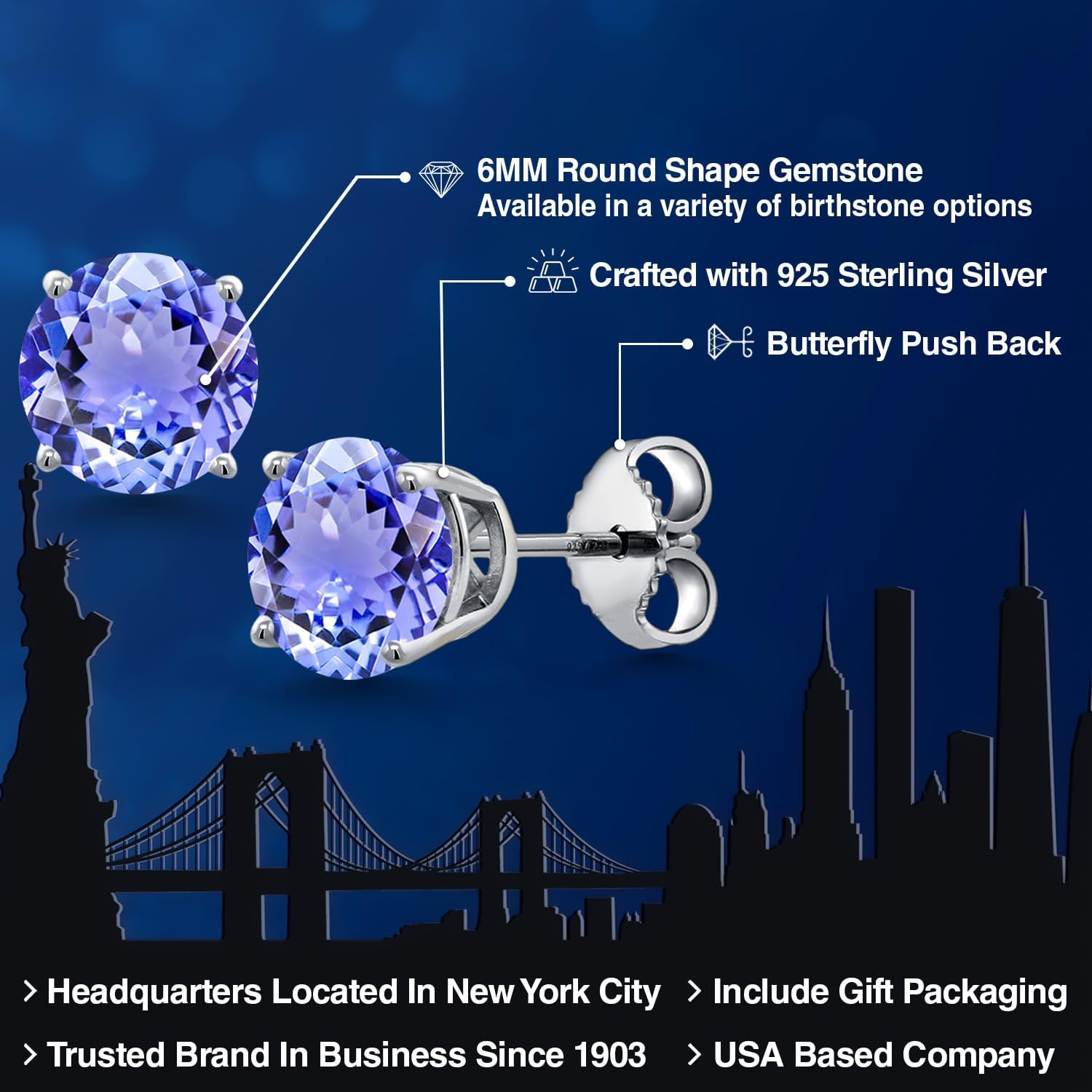 Gem Stone King 925 Sterling Silver Gemstone Birthstone Stud Earrings for Women Men | Round 6MM | Fine Jewelry Gifts for Her Him Mom Dad Wife - Image 2