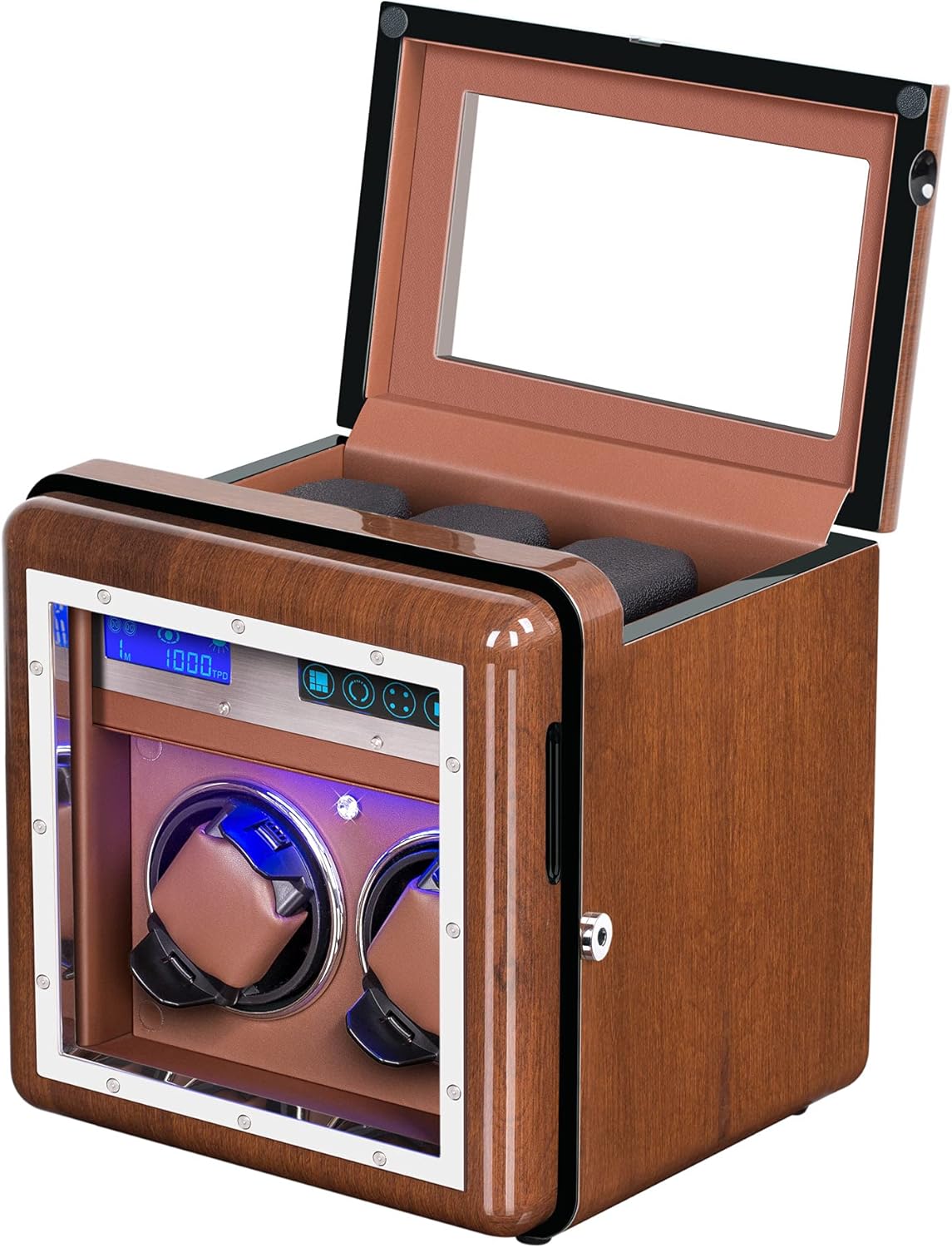 Automatic Watch Winder with 2 Quiet Running Motor Watch Winding LCD Display+ 3 Storage Box, Built-in Illumination, Walnut Watch Winder for Rolex with 4 Adjustable Upgraded Watch Pillows, AC Adapter