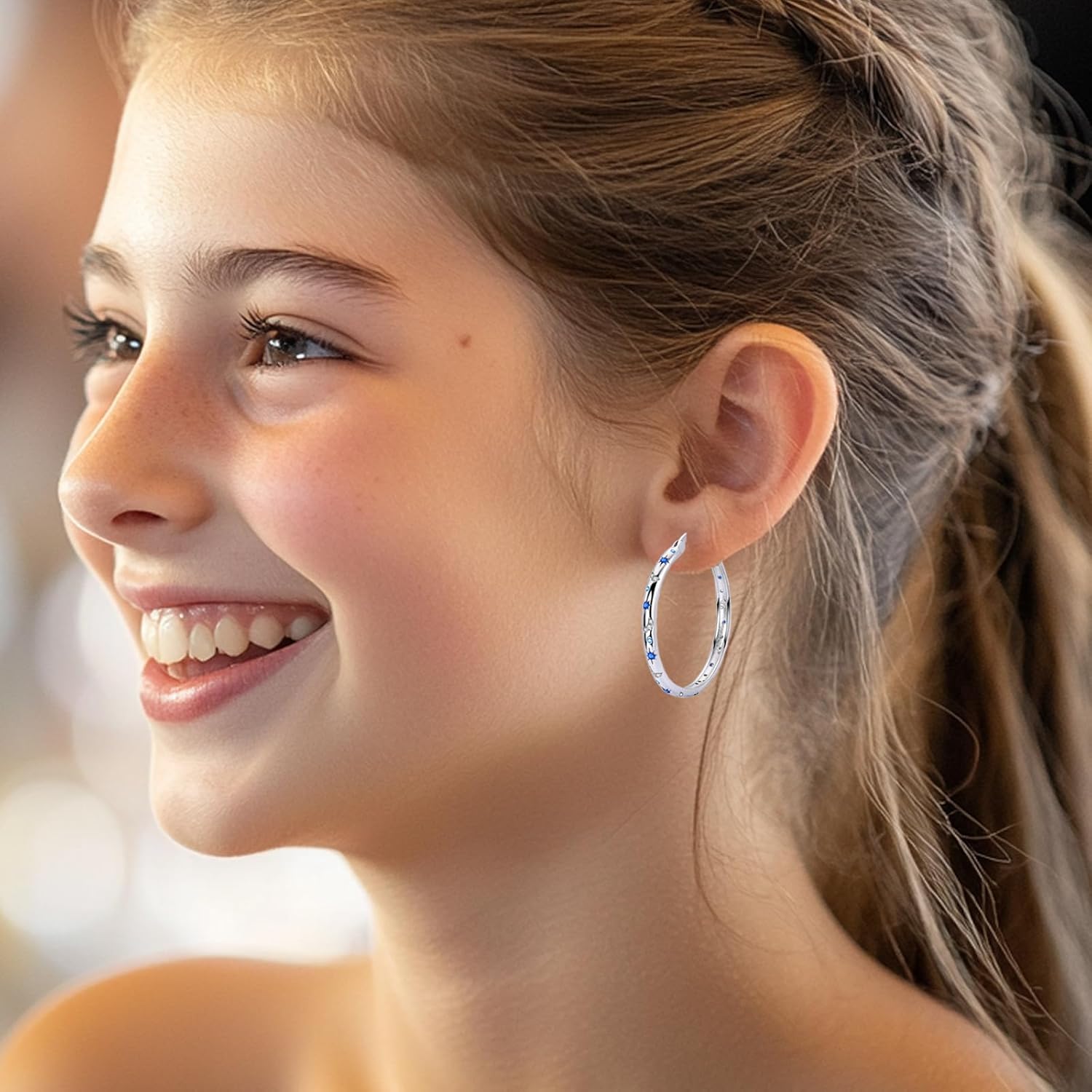 Hapour Sterling Silver Cubic Zirconia Hoop Earrings for Women Teen, Hypoallergenic Rhinestone Earrings Sparkly Crystal Moon Star Hoops - Image 5