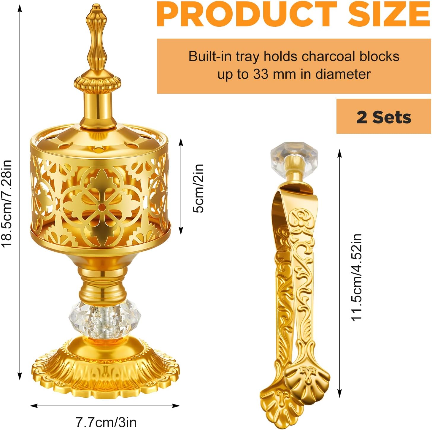 Zonon 2 Sets Incense Burner with Tong, Frankincense Charcoal Incense Stand Holder, Ideal for Yoga, Spa, Aromatherapy, Home and Christian Church Censer (Gold,Vintage)