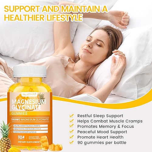 Miniatura 43 de Gomitas de glicinato de magnesio de 1000 mg, suplemento de magnesio potasio sin azúcar de alta absorción para relajación, alivio del estrés y apoyo