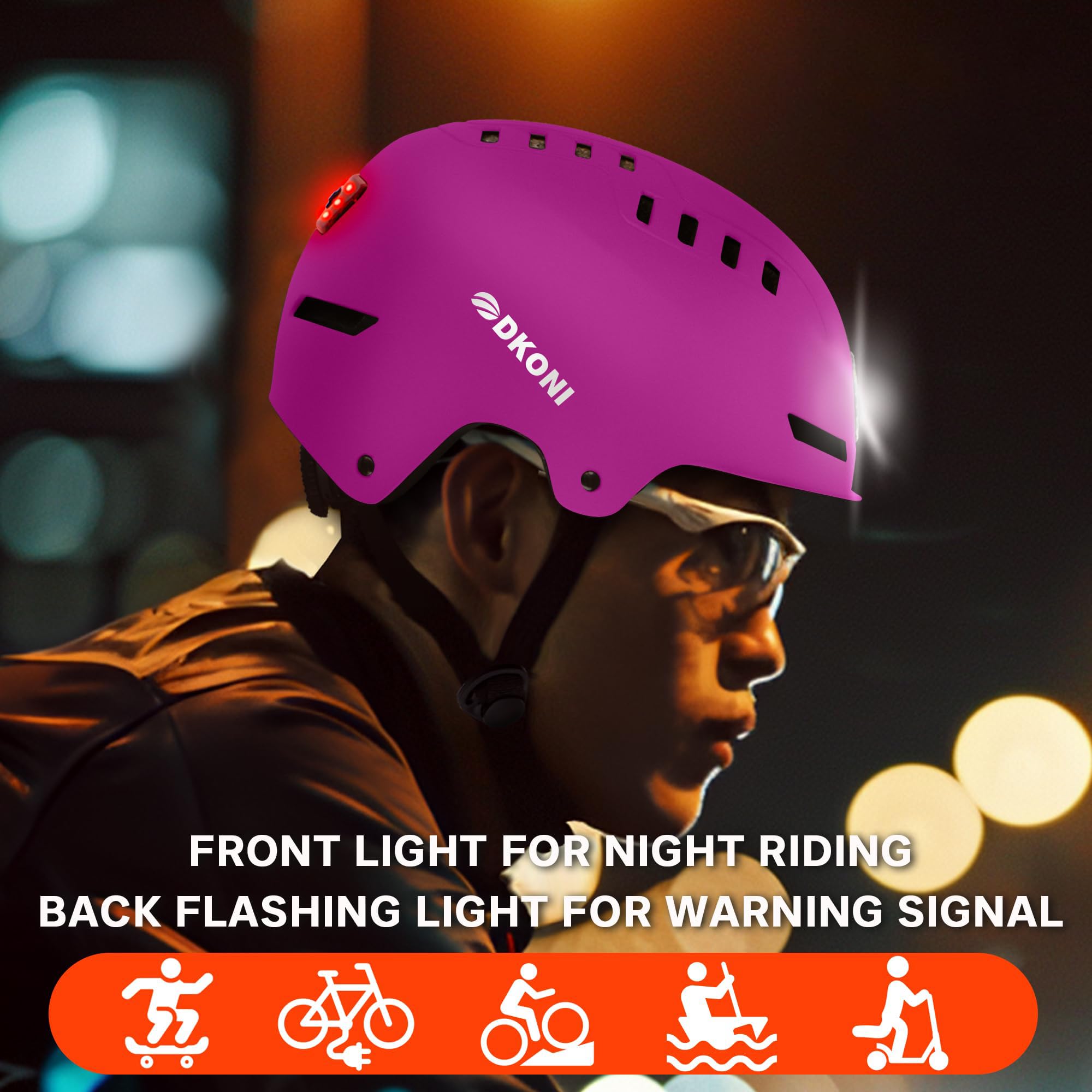 DKONI Casco da bici con luci a LED, casco da bicicletta per pendolari, ricaricabile tramite USB, anteriore e posteriore, con luce a LED, per adulti, uomini e donne