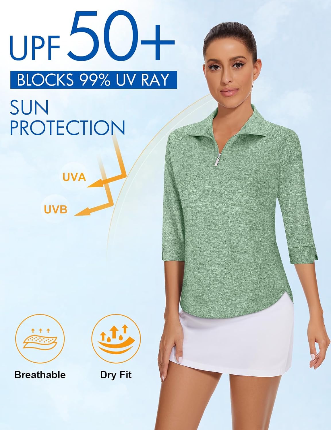 Cucuchy Style Womens Golf Shirt 3/4 Sleeve Quarter Zip Workout Tennis Tops Quick Dry UPF 50+ Shirts