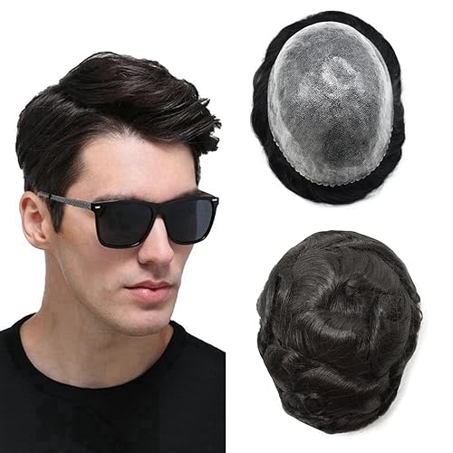 Toupee para hombres Sistema de reemplazo de cabello humano Full Poly Mens Toupee Hairpiece inyectado PU peluca para hombre sistemas de cabello