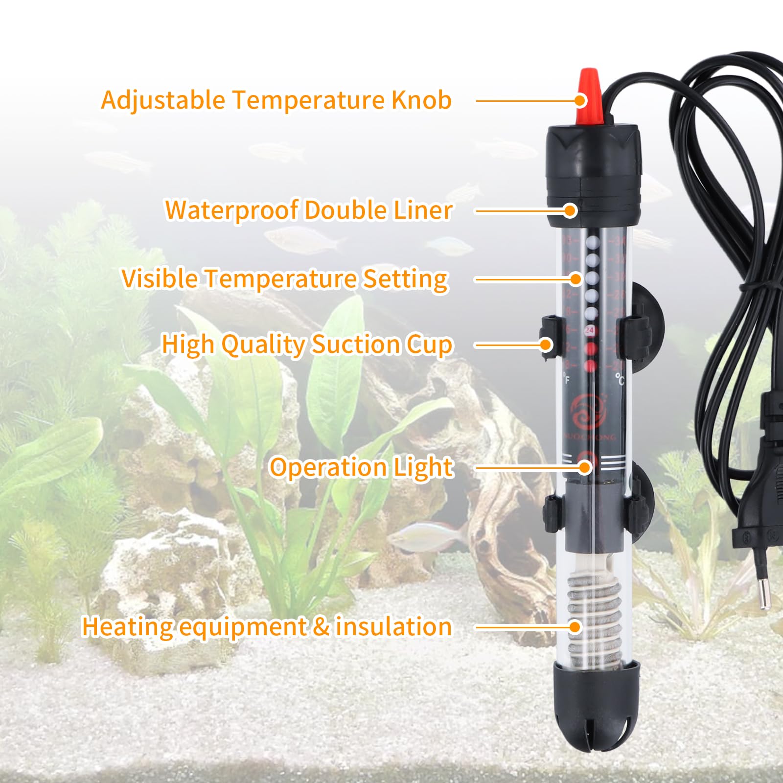 Focanet Aquarium Heizung, 30L 25W Temperatur Einstellbare Aquarium Heizer Mit Saugnäpfen, Thermostat Heizung, Heizstab Einstellbar, Aquariumheizer, Regelheizer Aquarium für Fischtanks (20°C-34°C