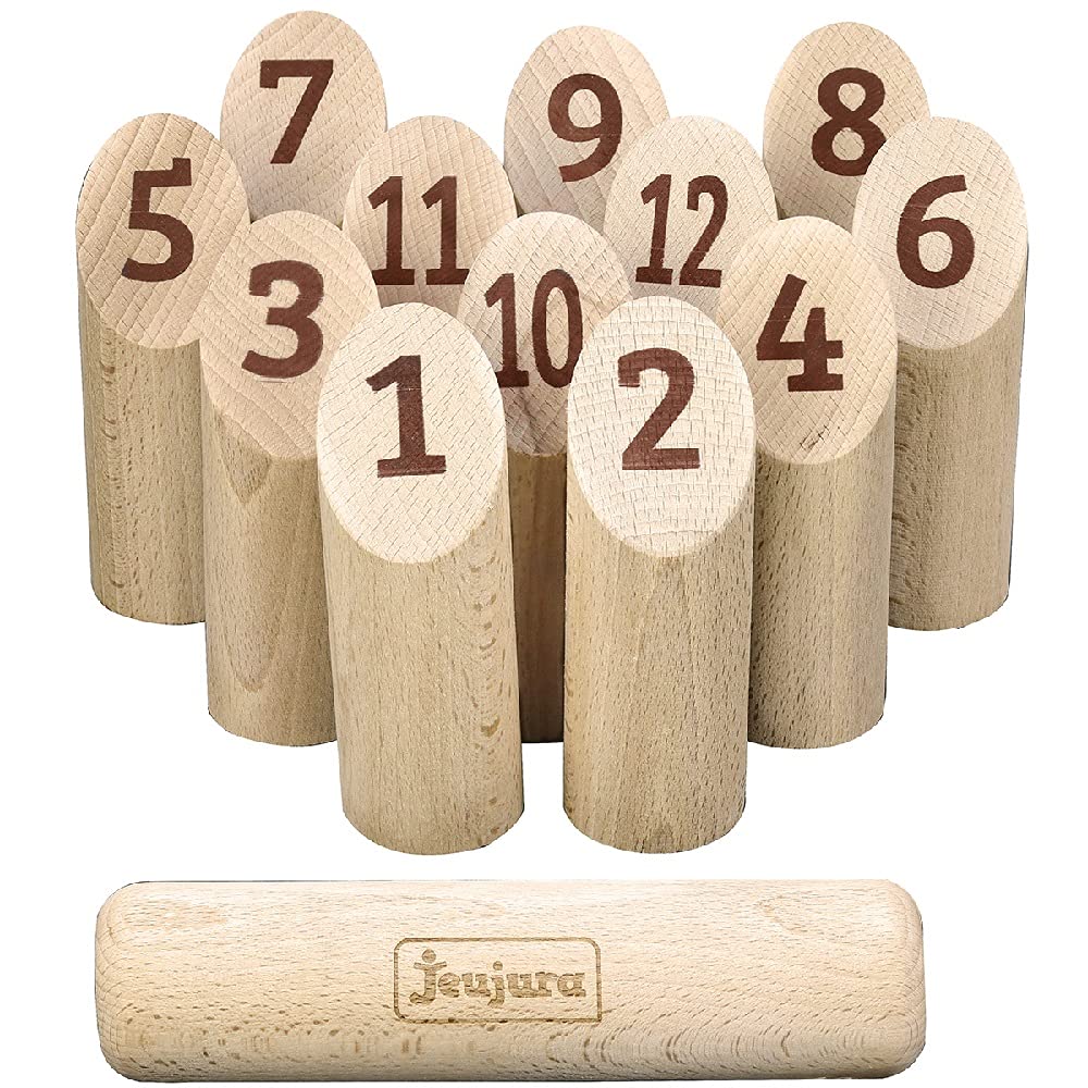 JEUJURA - Jeu de Quilles A Lancer - Jeu Extérieur Enfant dès 3 Ans - 8609 | Juraquilles - 12 quilles numérotées en hêtre et un bâton de lancer - Jeu en bois - Sac de Rangement - Jeu d'Adresse