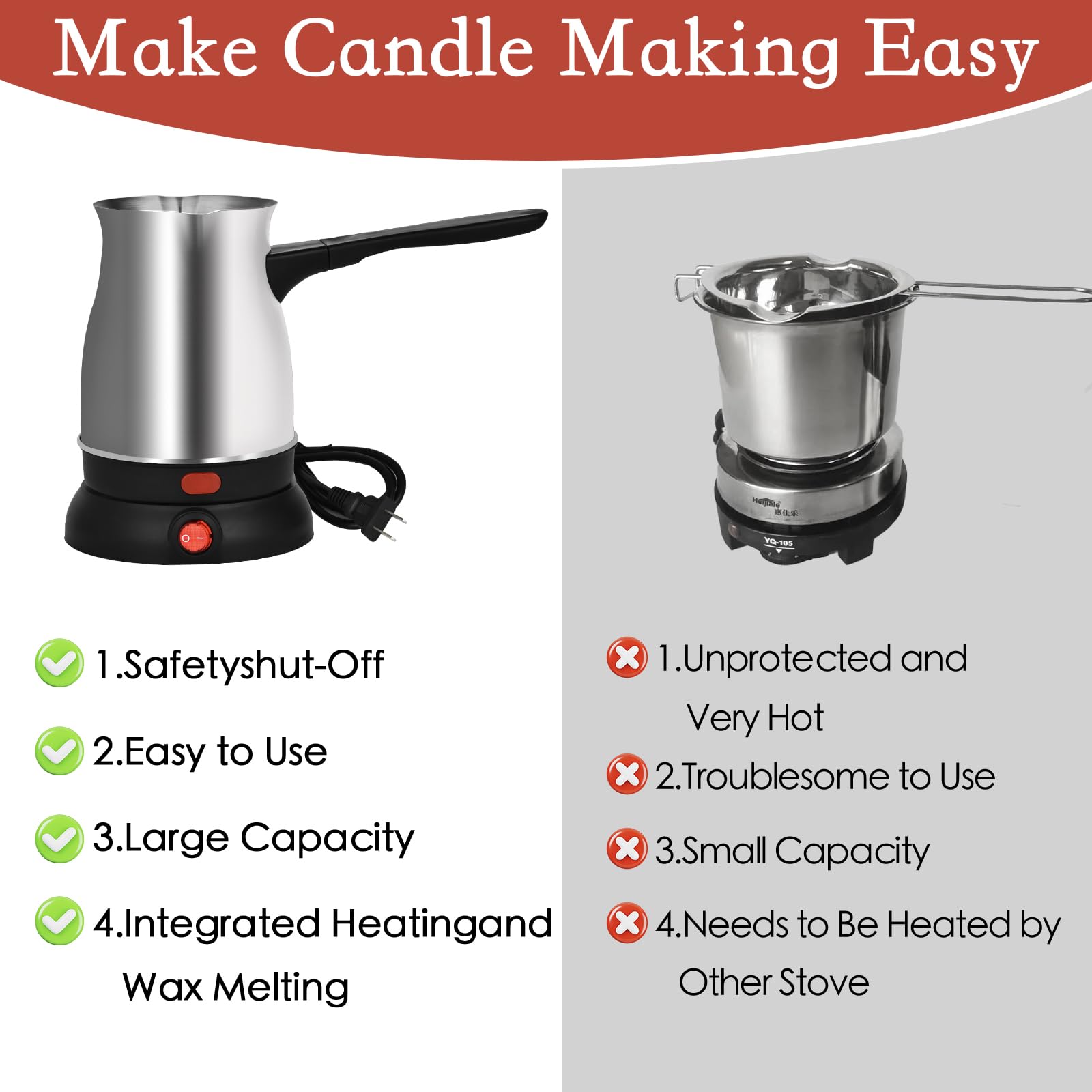 TOKPELA Wax Melter for Candle Making, Stainless Steel Electric Candle Wax Melter, Double Pouring Spout Candle Wax Melting Pot with 51IN Cord and Hot Plate, Candle Making Pot Kit for Beginners - Image 4