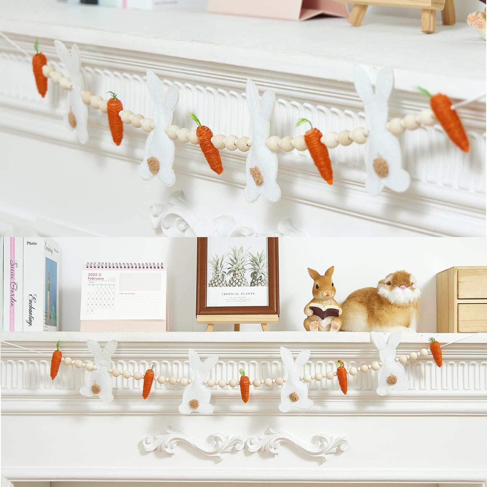 Guirnalda de Pascua de 27.56 pulgadas, decoraciones de conejo de Pascua, cuentas de madera, conejo, zanahoria, banderines colgantes para el hogar, manto, pared o puerta (conejo zanahoria)