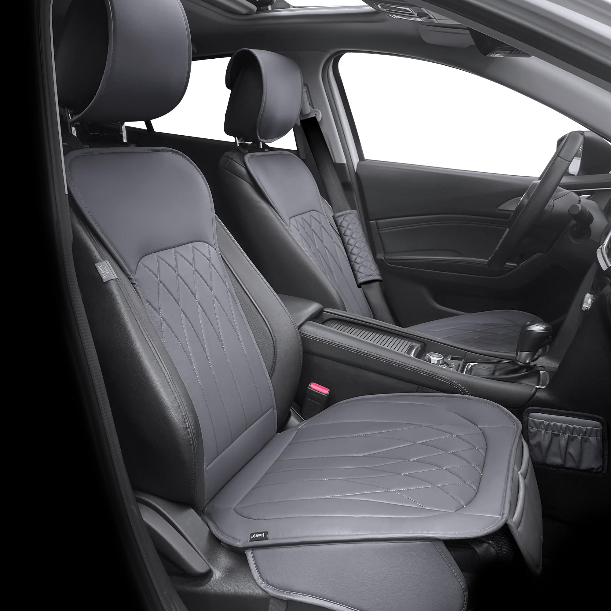 Elantrip Car Front Seat Covers with Shoulder Protector, Organizer Pockets, Embroidered Design, Leather Water Proof Seat Protector Universal fit for Most Cars SUVs and Trucks Gray 1 Pair
