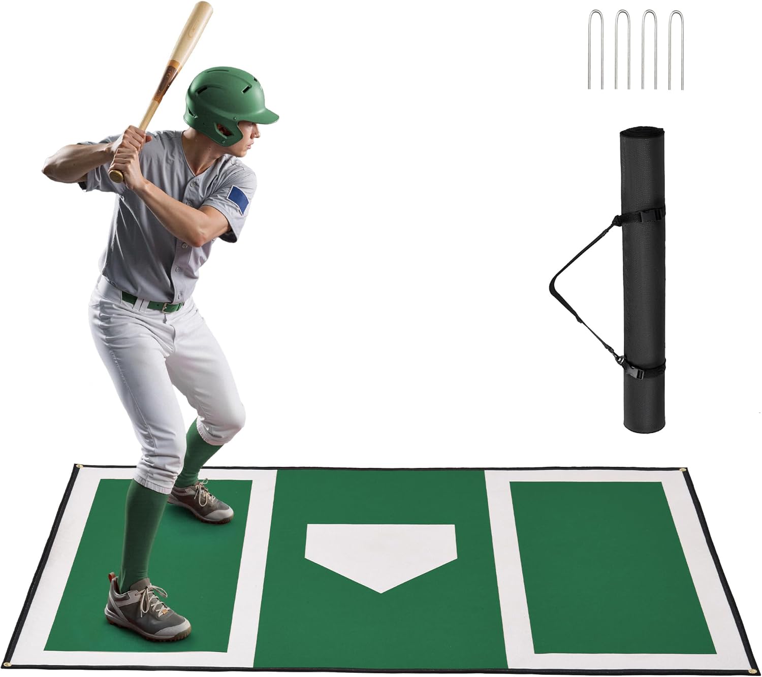 Batting Mat, 6x4ft Baseball Softball Hitting Mat for Batting Stance Practice, Batters Box Turf Mats with Home Plate, Non-Slip Baseball Cage Mats for Indoor Outdoor with 4 Stakes, Carry Strap