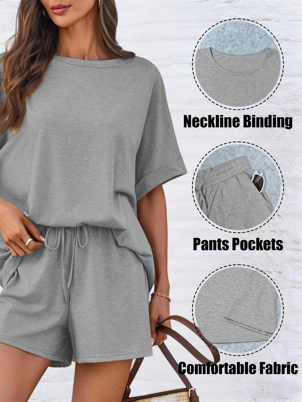 Ensemble Femme 2 Pièces Décontracté Haut Manches Courtes Col Rond et Short avec Poches Ete Survêtement Ensemble Casual Outfit