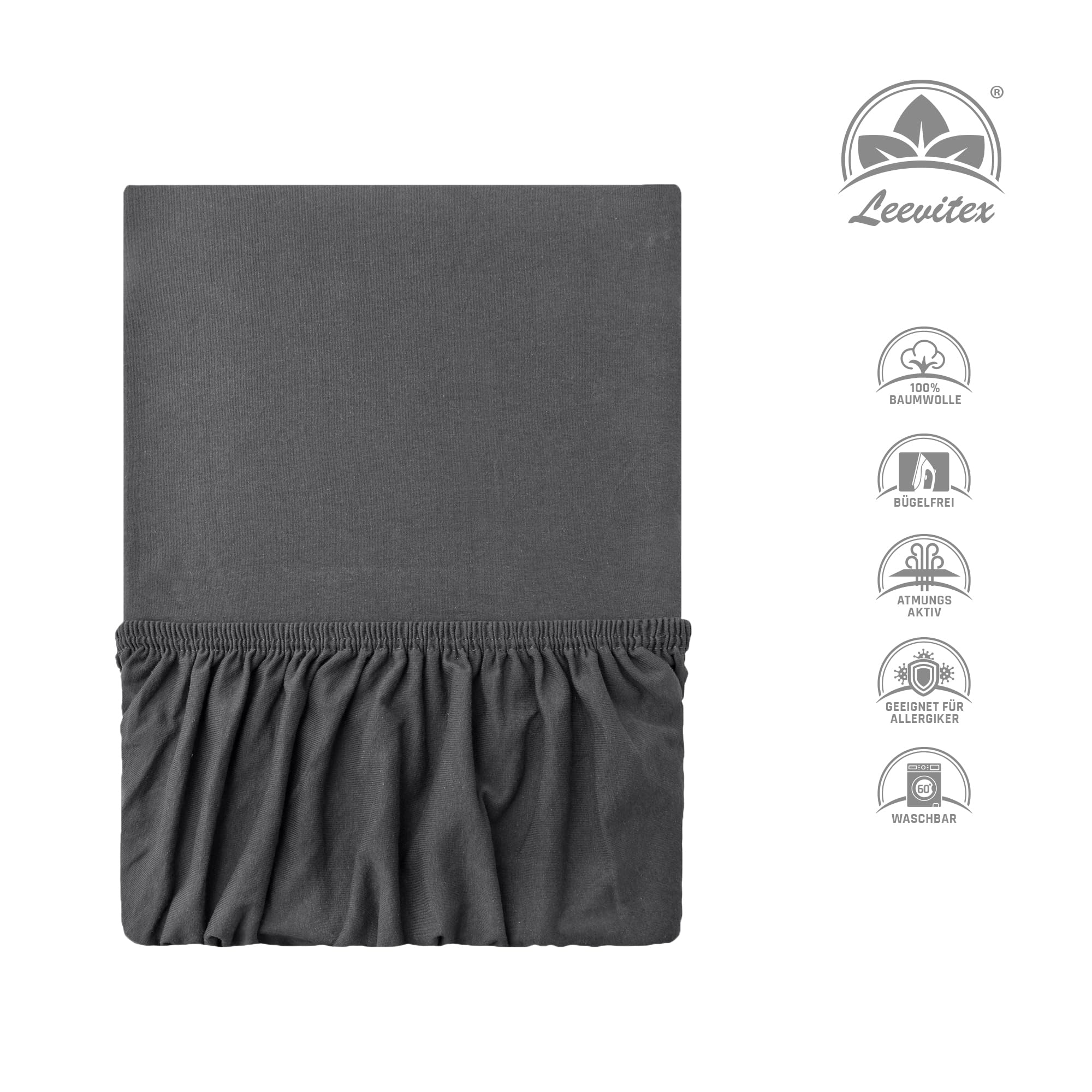 leevitex® Luxus Elasthan Jersey Spannbettlaken | 180x200 – 200x220 cm | Multistretch | 250 g/m² | 92% Mako-Baumwolle 8% Elasthan | 40cm Steghöhe | außergewöhnlich hochwertige Ausführung | Anthrazit