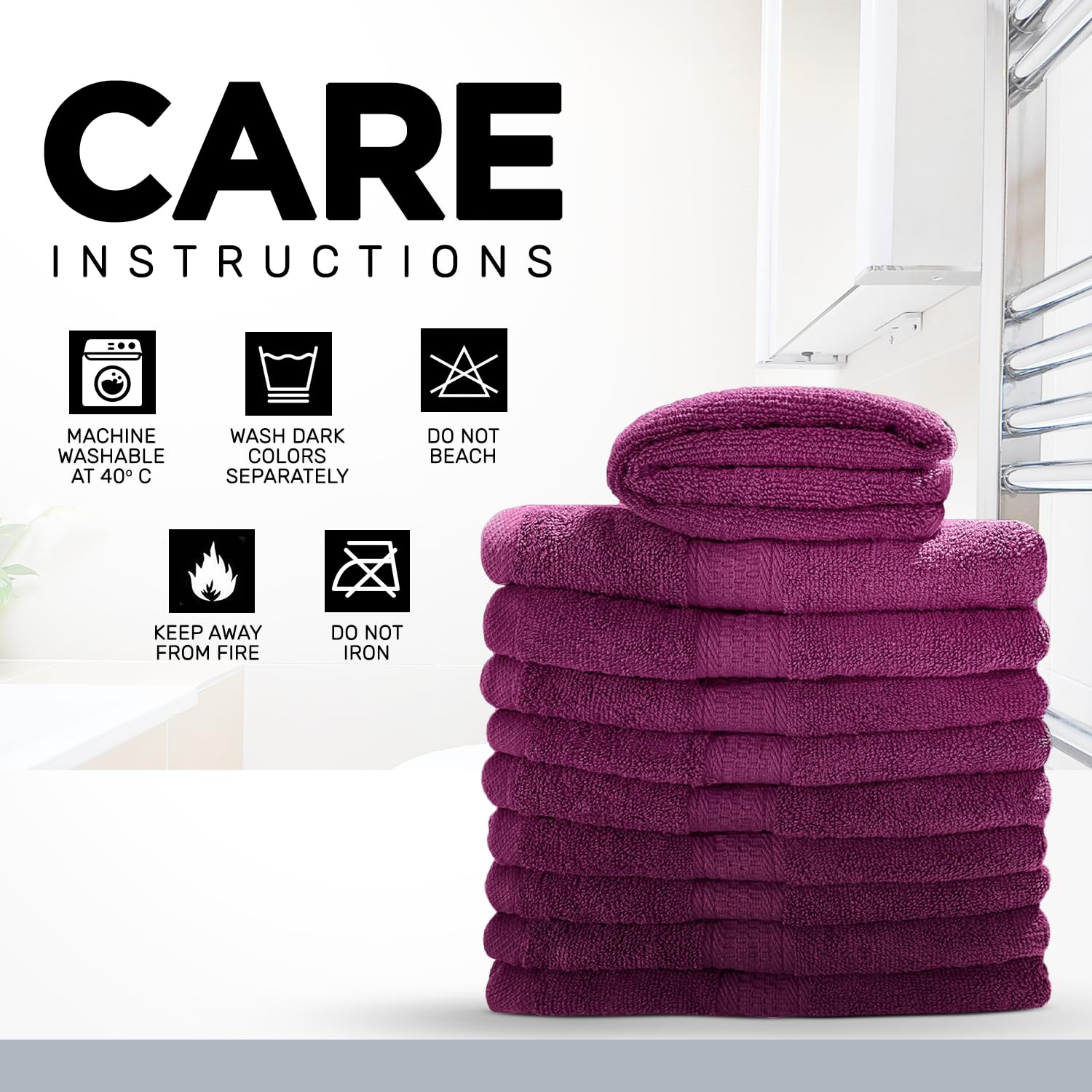 Juego de 10 toallas de baño de 600 g/m², 100% algodón de rizo, de alta calidad, muy absorbentes, para baño, ducha, uso diario, lavable a máquina (50 x 100 cm, negro)
