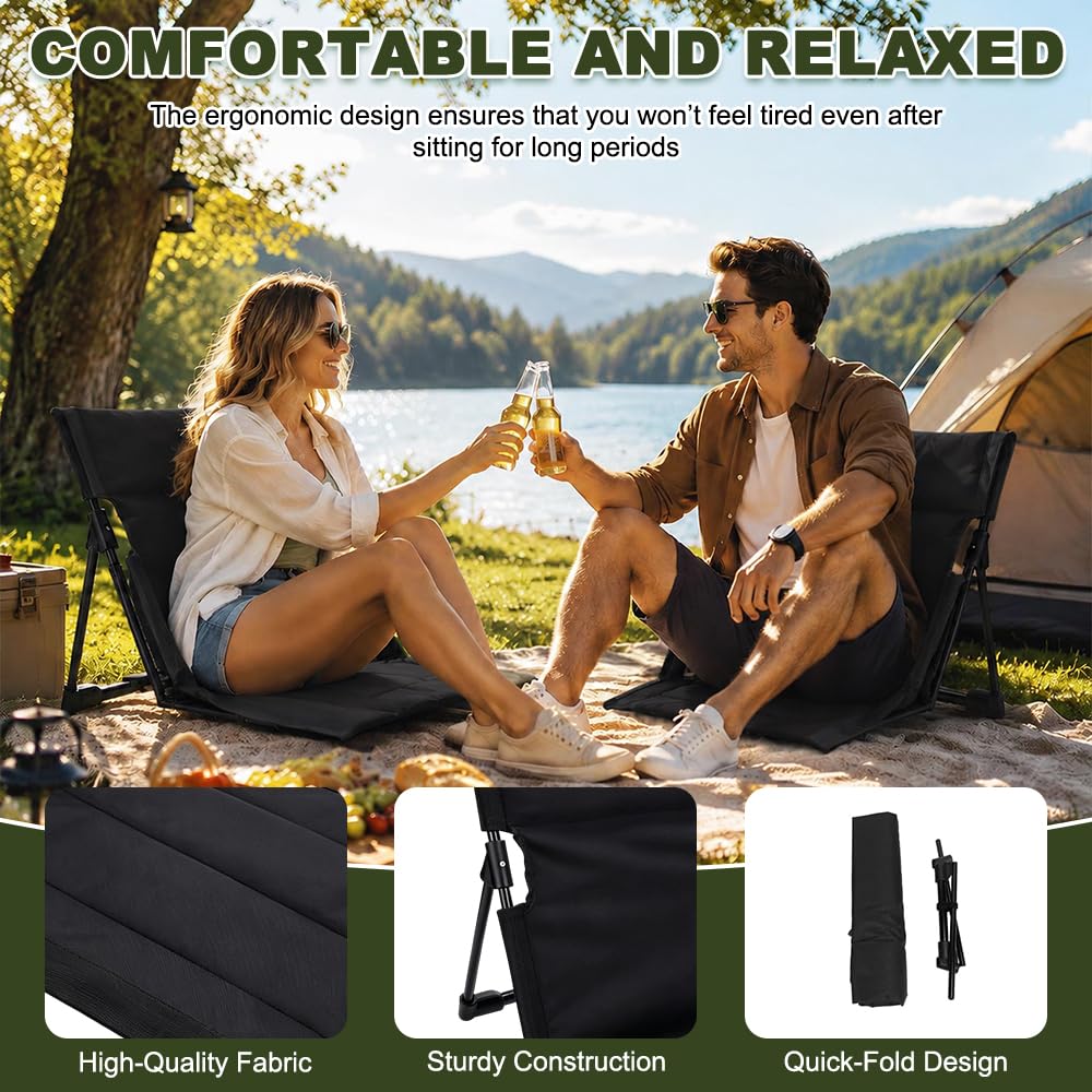 Bodenstuhl mit Rückenlehne, Strandmatte Mit Rückenlehne, 600D Oxford-Gewebe Bodenstuhl Outdoor, Strandmatte Klappbar mit Tragetasche für Angeln, Picknick, Strand, Wandern (Schwarz)