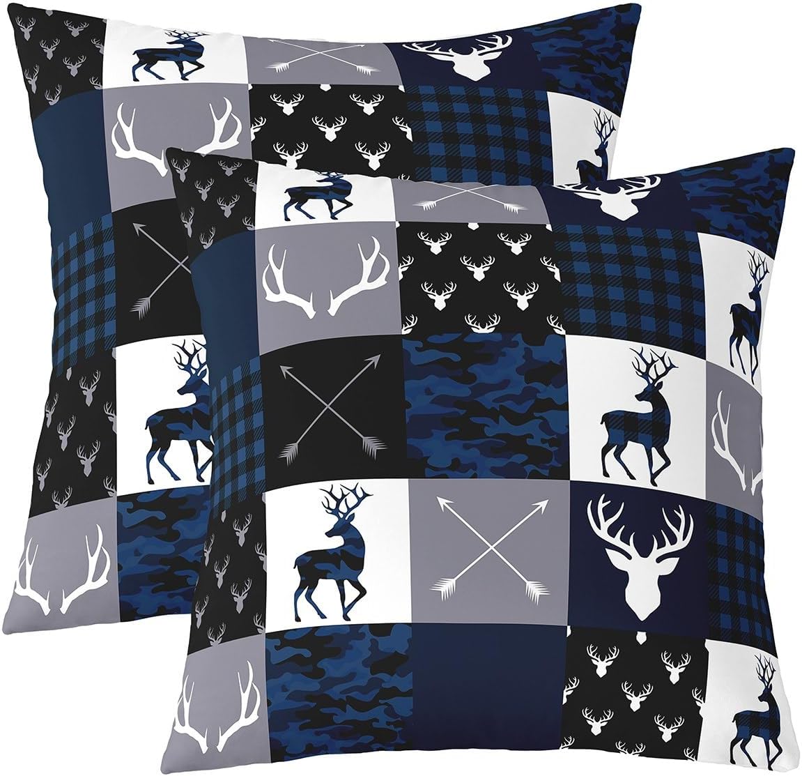 Green Camouflage Pillow Covers Deer Wild Animal Antlers Decor Pillow Cases for Boys Girls Adults Vintage Plaid Western Jungle Rustic Style Cushion Covers for Sofa Living Room 22x22 Inch Set of 2