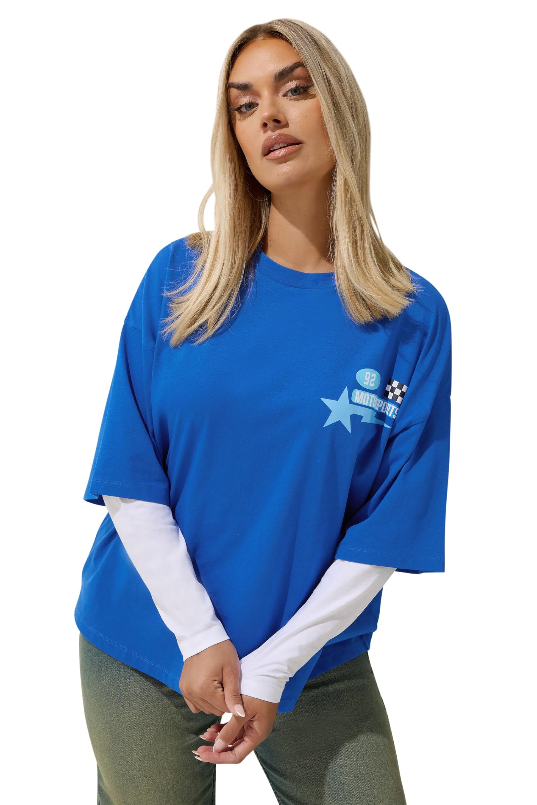 Yours Women's Blue Motorsport Graphic 2-In-1 T-Shirt In | Size: 22/24