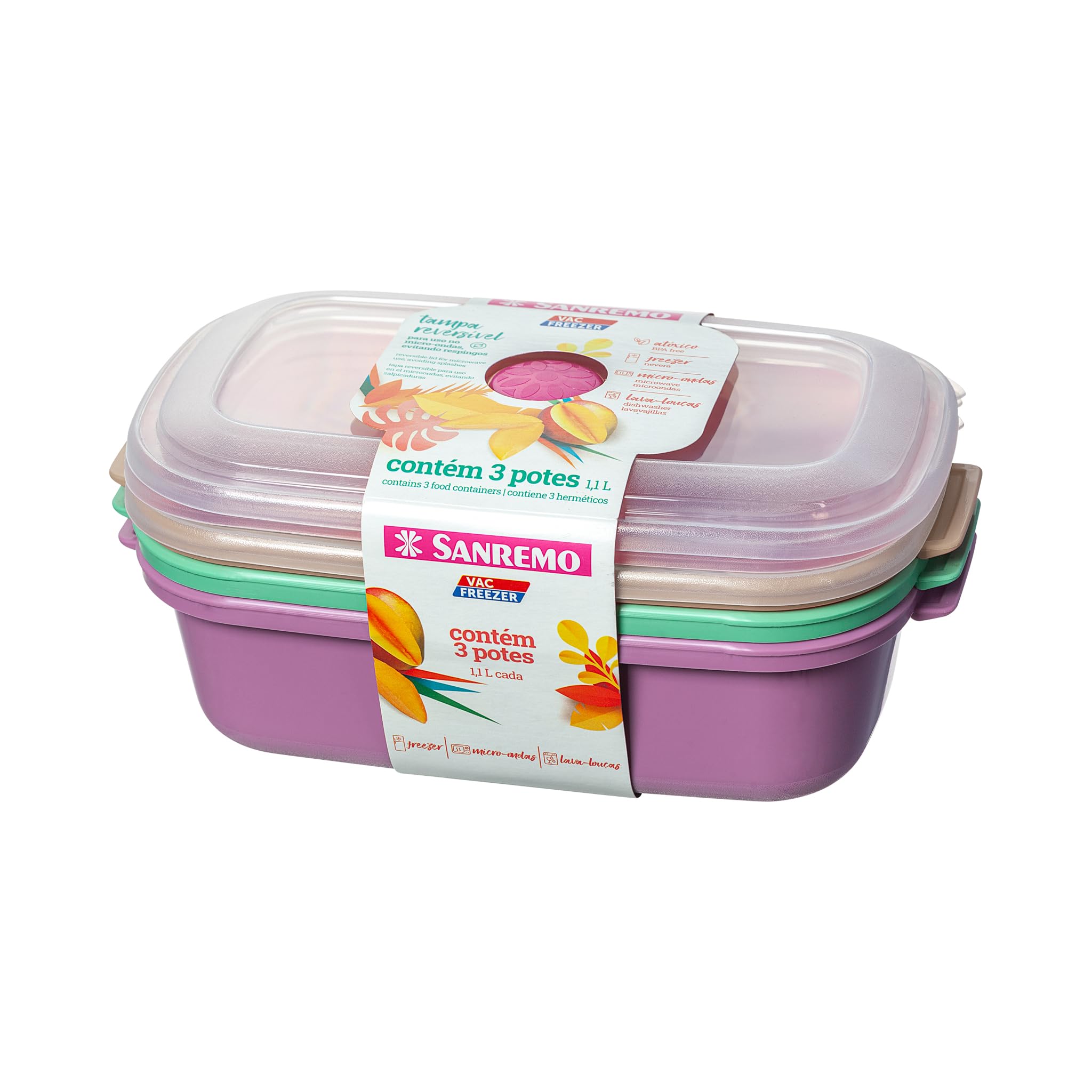 Sanremo - Conjunto com 3 Potes Plásticos Herméticos, Cores Mistas