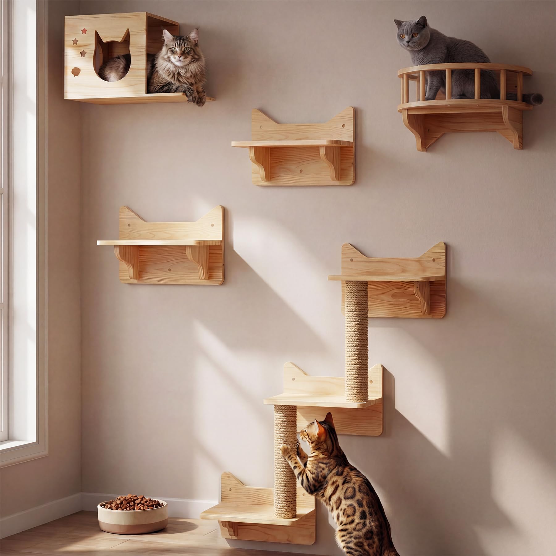 Mensole da Parete per Gatti, Set di Mobili con Mensole e Posatoi da Parete, Palestra da Arrampicata con Tiragraffi e 3 Gradini, Casette da Interno Montate a Muro