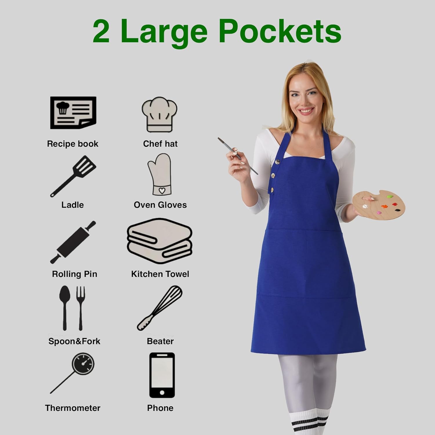 TOSHE Kitchen Apron Waterdrop Resistant Cotton Apron with adjustable Aprons for Women with Pockets 10 Color option Cooking Blue Apron (Navy Blue) - Image 2