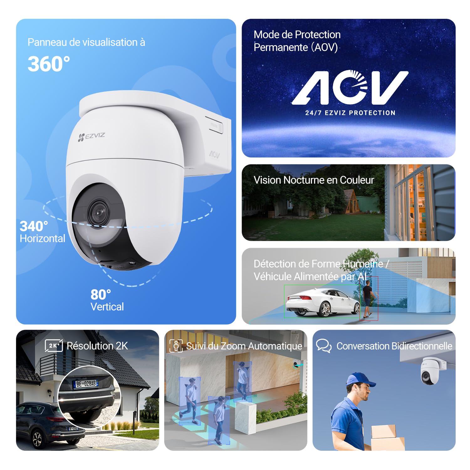EZVIZ CB8 Lite 4MP+5W Caméra Extérieure sans Fil 2K+ WiFi 6 PT avec Détection de Personnes et Véhicules