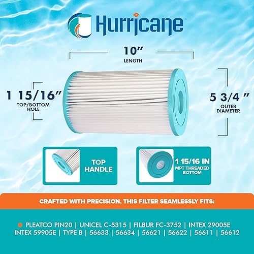 Miniatura 3 de Hurricane HF5315-01 Cartucho de filtro avanzado para piscina - Reemplazo para Pleatco PIN20, Unicel C-5315, Filbur FC-3752, Intex Tipo B