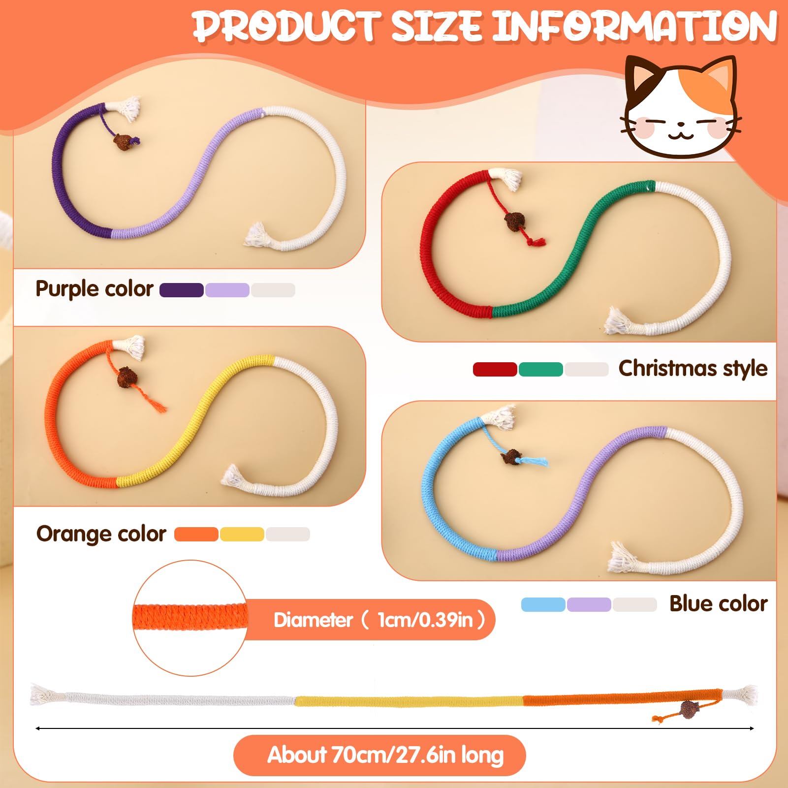 GSrenyu 4 PCS Catnip Cat Toys Chew Ropes, Cotton Chew Rope with Gall Fruit (27 Inches Each) Sticks Toy for Indoor Cats Teeth Cleaning - Image 2